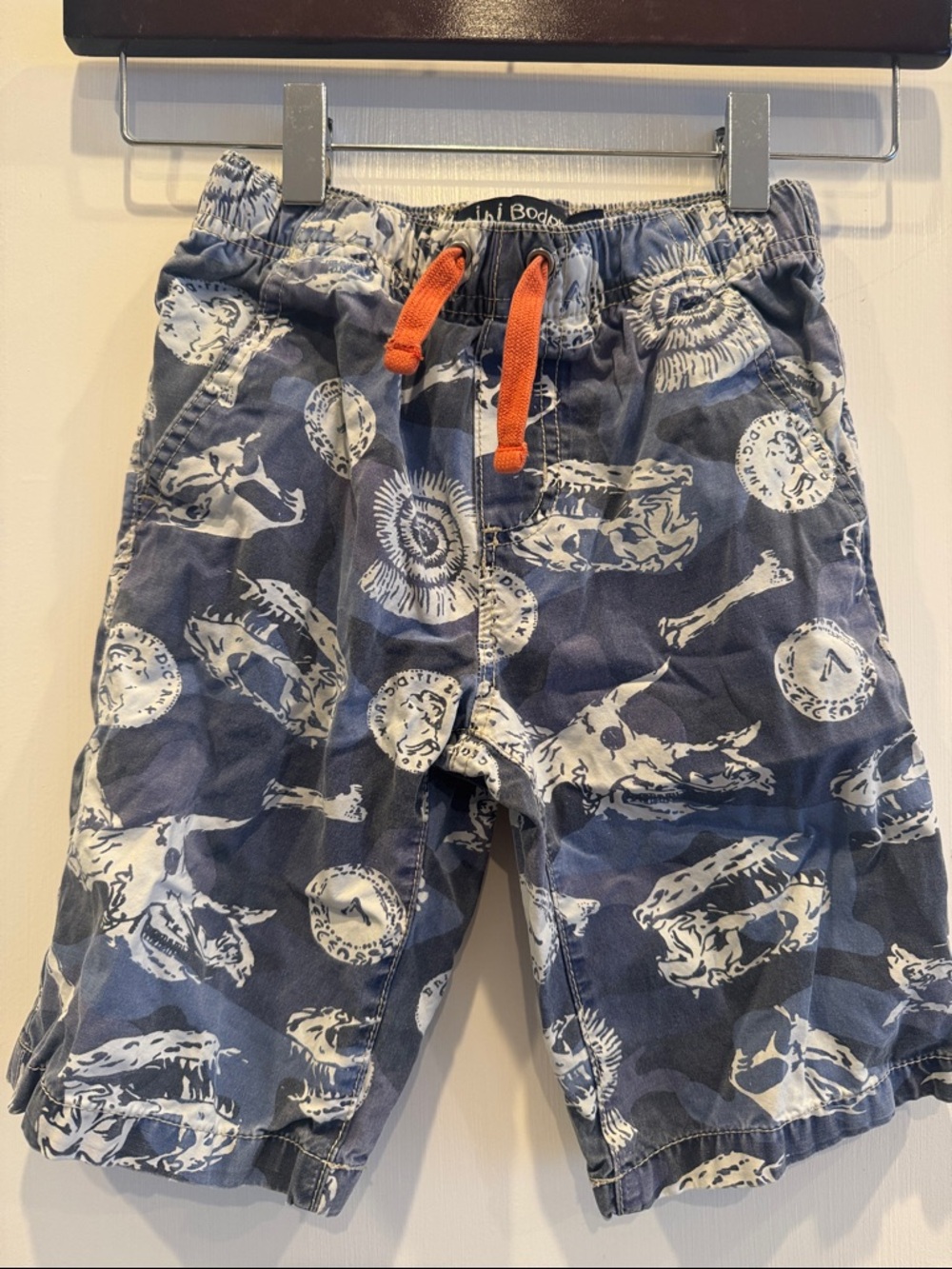 Mini Boden Navy Shorts with White Animal Print and Orange Drawstring